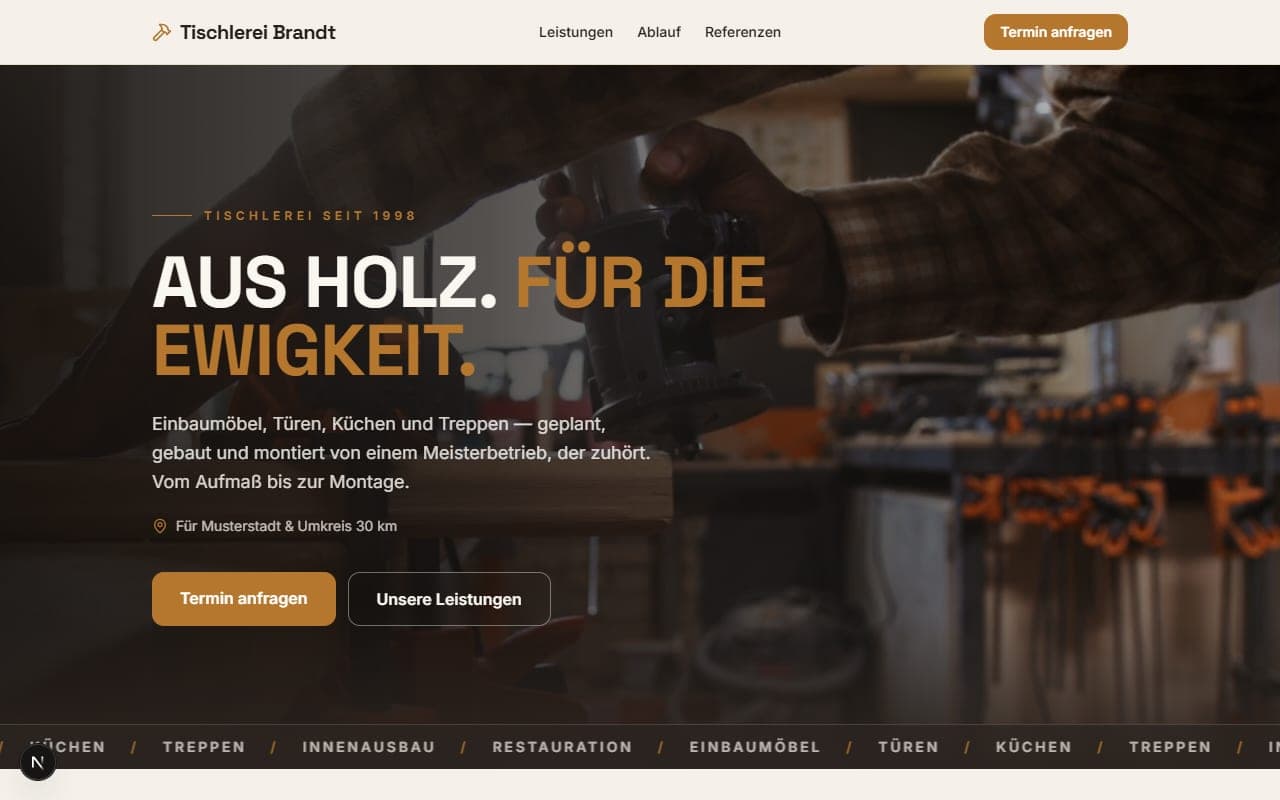 Screenshot des Handwerk-Mockups „Tischlerei Brandt“