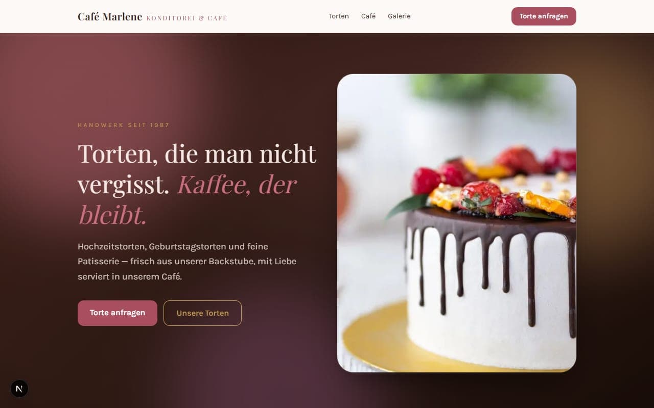 Screenshot des Konditorei-Mockups „Café Marlene“