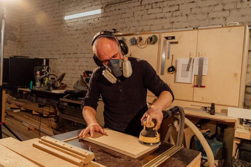 Tischler schleift ein Holzteil in der Werkstatt